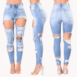 Сзади до колена большой с разрезами джинсы для женщин для Высокая талия стрейч разрушенные джинсы Юниоры улица сломанной