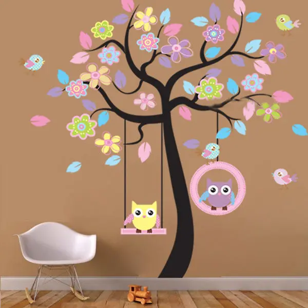 

Huge Cute Owls Bird Swing Flower Tree Wall Stickers Art Decal Kids Nursery Decor
