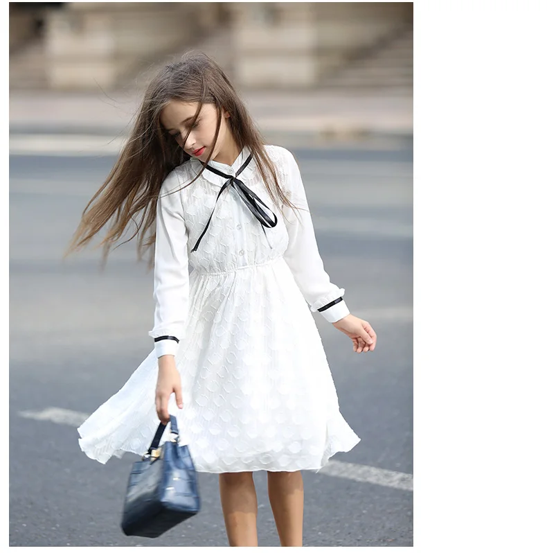 AuroraBaby/Брендовое белое платье принцессы для девочек детские милые кружевные платья с длинными рукавами и лентами на весну-лето, размер 6-16 лет