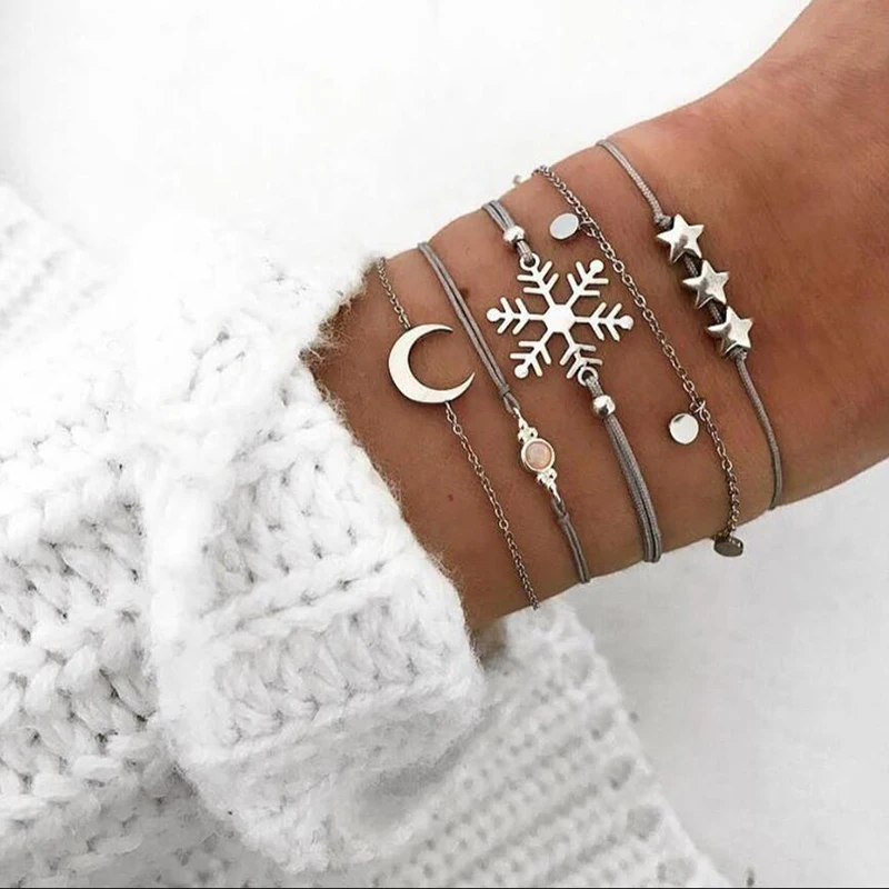 YAOLOGE 5 Pcs/ Set Punk Snowflake Moon Star Crystal Rope Chain Multilayer Pendant Couples Bracelet Charm Girl Jewelry Gift | Украшения и
