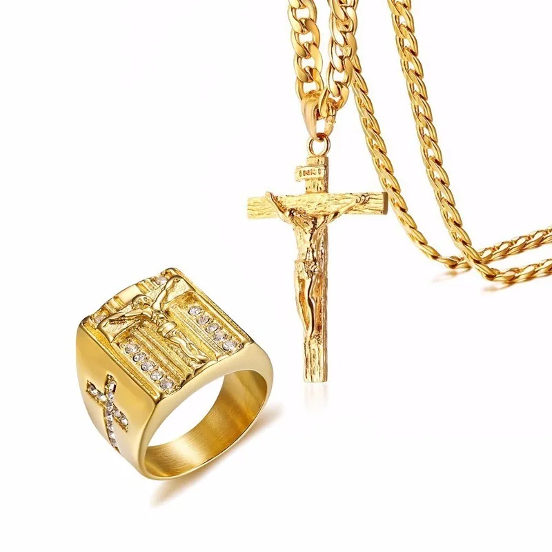 Men Religion Jewelry Set Gold Tone Cross Jesus Stainless Steel Pendant