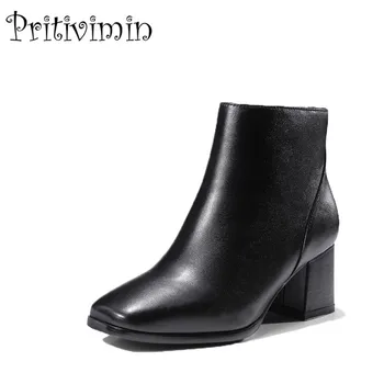 

2018 New spring autumn brand ladies high quality shoes woman black genuine leather thick low heel ankle boots Pritivimin FN116