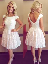 Reine Einfache White Party Prom Kleider Scalloped V-ausschnitt Sexy V-Back Handmade Perlen Lace A-linie Knielangen Cocktailkleid kleider 2017