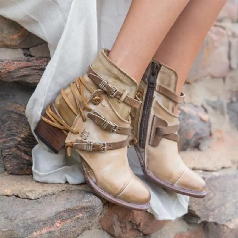 

Autumn Waterproof Ankle Boots Women 2018 Vintage Bandage Strapes Punk Motorcycle Boots Botas Zapatos Mujer Chaussures Femme