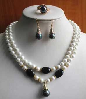 

ddh001259 New Design 8mm 2 Rows White Pearl Necklace Earring Ring(7/8/9) Jewelry Set