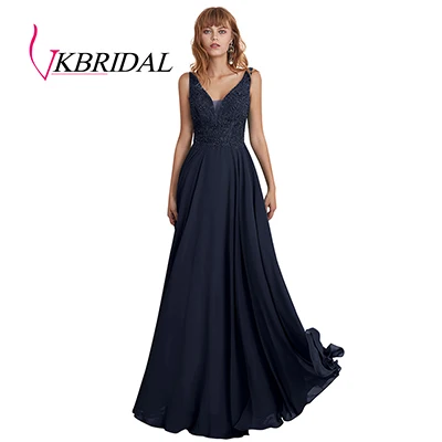 VKbridal Tank Top Lace Prom Gowns Long Deep V Neck Chiffon Bridesmaid Dresses Plus Size - Цвет: Navy