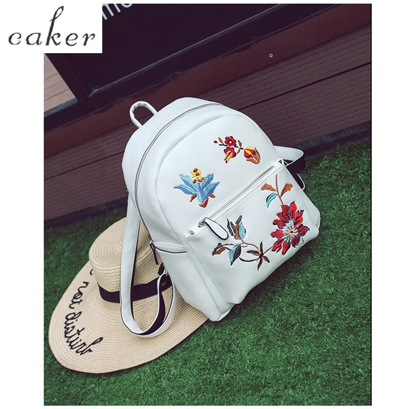 Caker Brand 2017 Women Fashion Top Embroidery Flower Backpack White Black School Bags For Teenagers Shopping