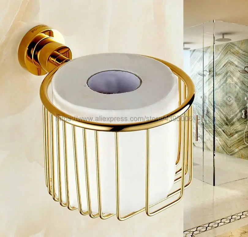 Gold Brass Bathroom Wall Mounted Toilet Paper Roll Holder Storage Basket Rack