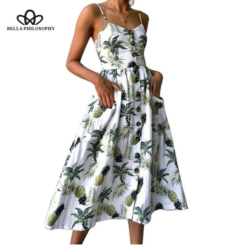 

Wonder 2018 new Summer strapped women boho women dress sexy beach ladies sundress buttons female vestidos sleeveless A-line