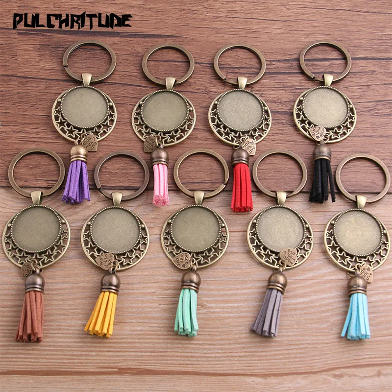 

PULCHRITUDE 1pcs Metal 9 Color Tassels Key Rings Chain Filligree Star Fit Round 25mm Cabochon Logo Pendant Diy Jewelry P6720