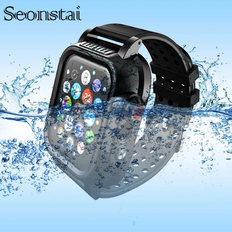 

IP68 Waterproof Case for Apple iWatch4 44MM 40MM Shockproof Bumper PC Watch Case+Rubber Watch Band Strap for iWatch3 38MM 42MM