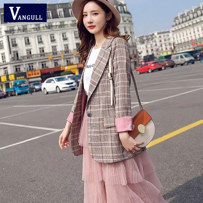 Ceny Vangull Women Plaid Blazer z długim rękawem Slim w kratkę płaszcz 2019 nowy marka formalny garnitur biznesowy Lady odzież wierzchnia kurtka jesienno jesienna