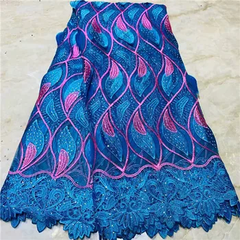 

5 Yards Lot 2018 High Quality Lace Material Nigerian French Net Lace Fabric For Women Dress African Beaded Lace Fabric blue