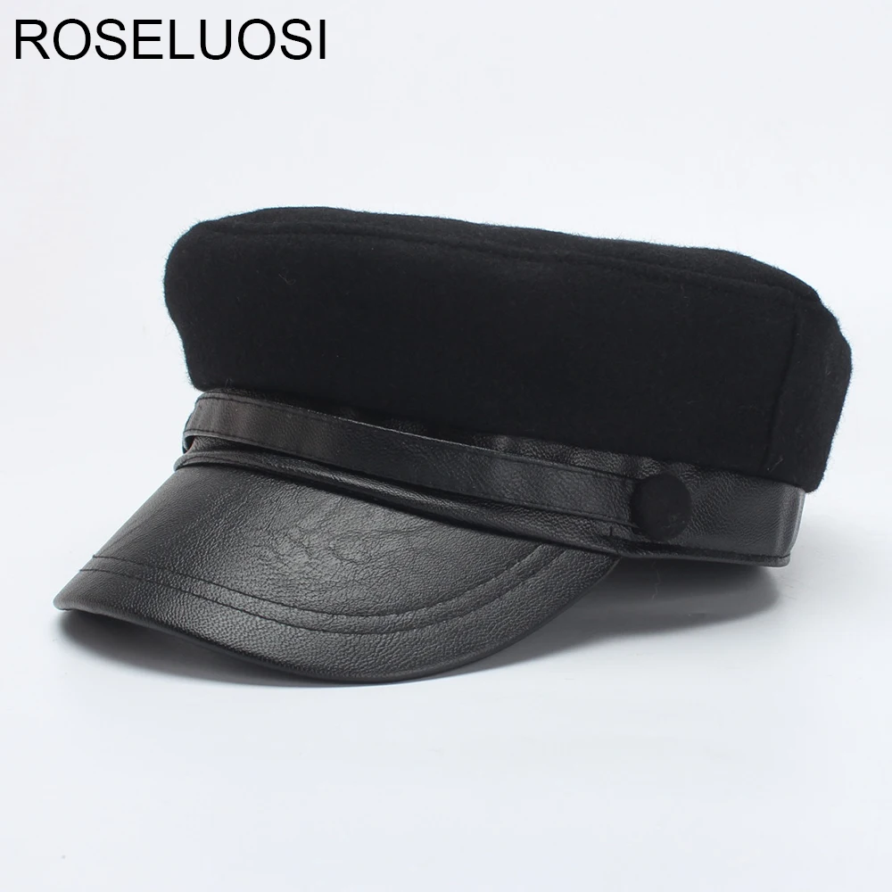 ROSELUOSI Women Black Military Hats Fashion Leather Wool Patchwork Newsboy Caps Autumn Winter