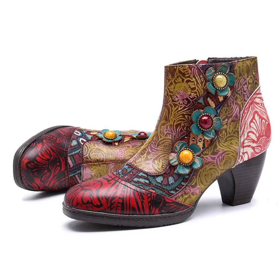 Genuine Leather Printed Ankle Boots Women Shoes Bohemian Splicing Zip Handmade Spring Autumn Retro Block Med Heels Women Boots (15)