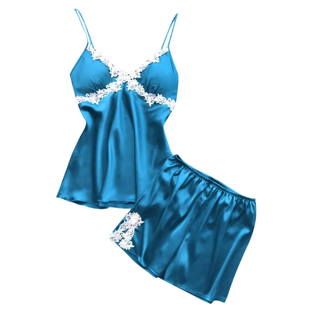 Размер пижамы XXXL для женщин, сексуальное женское белье, летняя атласная Шелковая пижама, милый топ на бретельках и шорты, пижама mujer algodon veran - Цвет: Синий