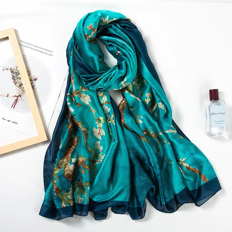 Весна осень женский шарф из натурального шелка абстрактный дерево шелковые шарфы с принтом и шали большой размер Foulard хиджаб 180*90 см