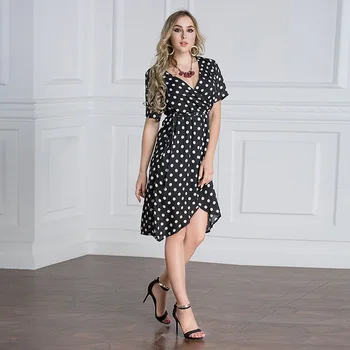 

Casual Women Summer Dress Sexy V Neck Short Sleeve Asymmetrical Chiffon Polka Dot Dress A-Line Plus Size 7XL Robe Femme ete