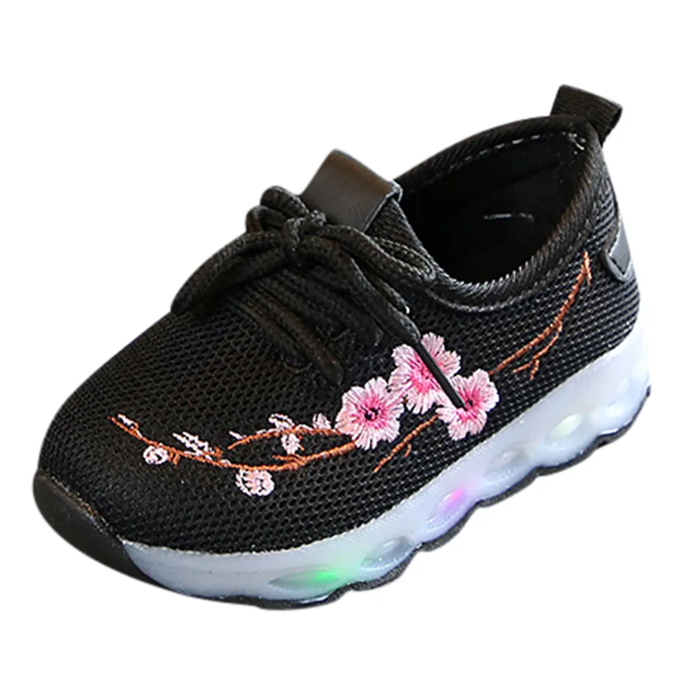 MUQGEW/детская обувь для маленьких мальчиков и девочек; детская обувь с вышитыми цветами; Светодиодный светящийся светильник; кроссовки; обувь для первых шагов; светильник; обувь;# EW - Цвет: Черный