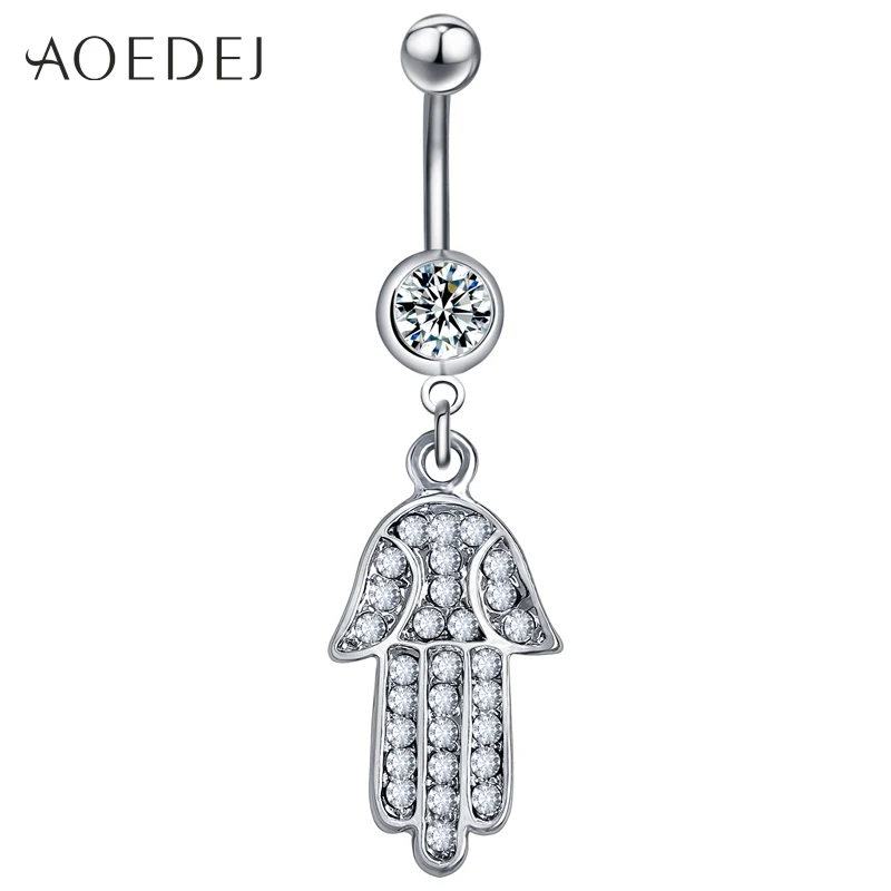 Arabic Hamsa Hand Shape Pendant Belly Navel Ring Crystal Rhinestone Charm Stainless Steel Palm Button Women Bijoux |