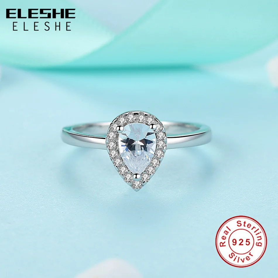 ELESHE 2018 New Fashion Radiant Teardrop Rings Finger with Clear CZ 100% Authentic 925 Sterling-Silver-Jewelry for Women Gift