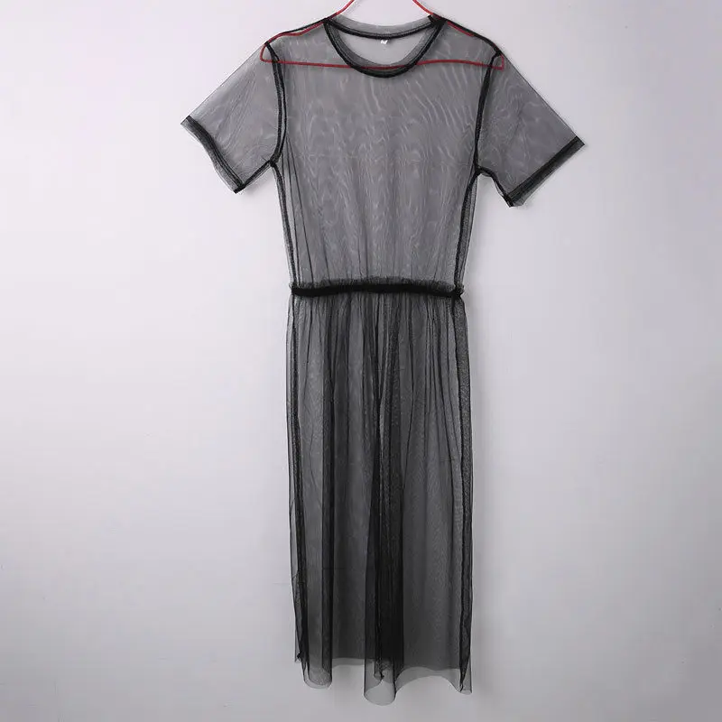 2018 Summer Volie Mesh Dresses Women See Through Black Gauze Mesh Sundress Half Sleeve Lace Sexy Outwear 1-Piece Summer