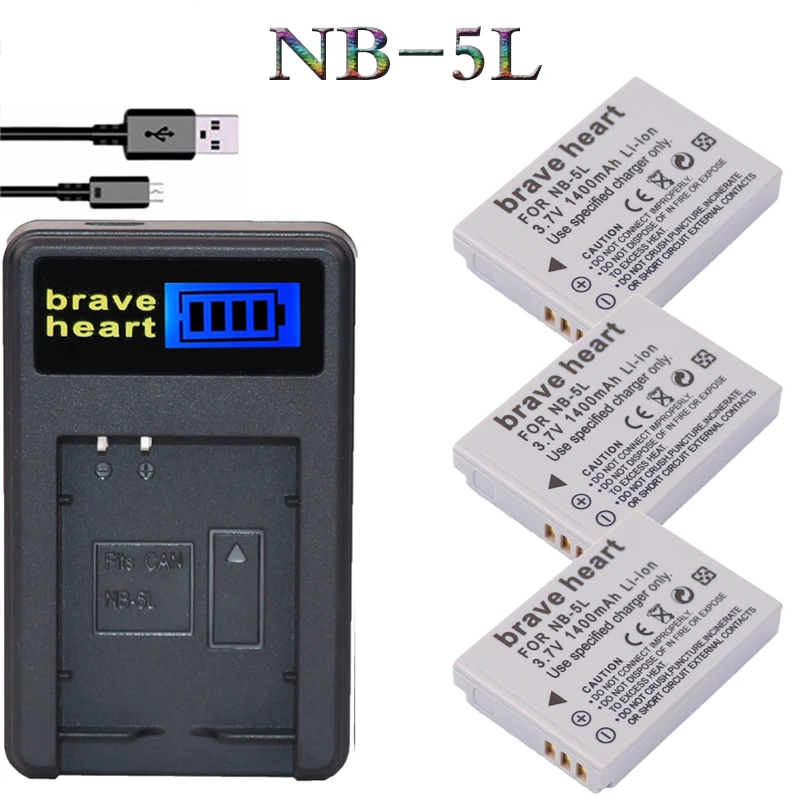 

3Pcs NB-5L NB 5L NB5L Battery + LCD USB Charger For Canon For Canon IXY 800 810 820 900 910 920 95 IS SD700 SD790 SD800