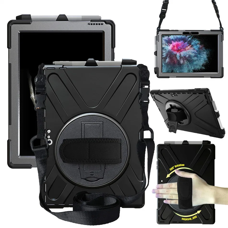

Case for Microsoft Surface Pro 4/5/6 Heavy Duty Silicone+PC Kickstand Case w/ Wrist+Hand Strap+Pencil Holder+pen