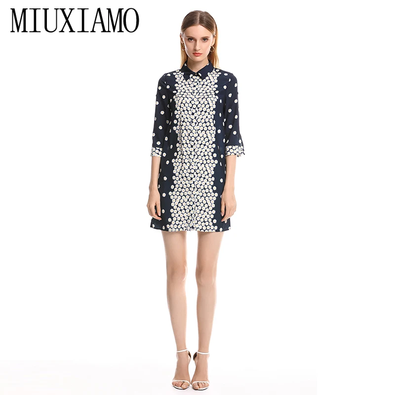 

MIUXIMAO 2019 Spring&Summer Dress New Arrival Daisy Floral Print Eleghant Turn-down Collar Silk Casual Dress Women vestido