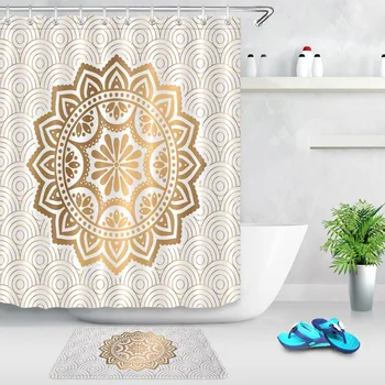 

LB Funny Yellow Gold Flower Circle Printing Shower Curtain 12 Hooks Sets Kids Bathroom mat Waterproof Fabric Polyester Cloth