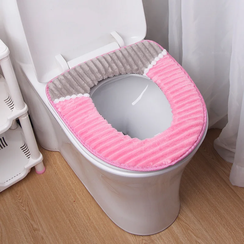 

ZhangJi 1 pc Cold resistance Thick warm Toilet seat cover 37*44cm waterproof Stripes soft Durable Toilet mat cushion Washable