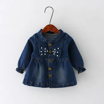 

2019 Baby spring clothing children new casual pleated sleeves beads bow washed denim Coat for Girls 6-24 months !