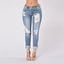 Рваные джинсы для Для женщин проблемных обтягивающие джинсы женские Push Up джинсы Femme