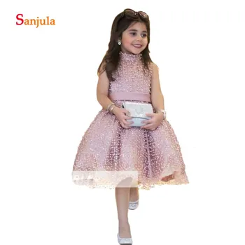 

Pink Tulle Cute Flower Girls Dresses A-Line Full Pearls Charming Girls Pageant Party Dresses vestidos primera comunion D886