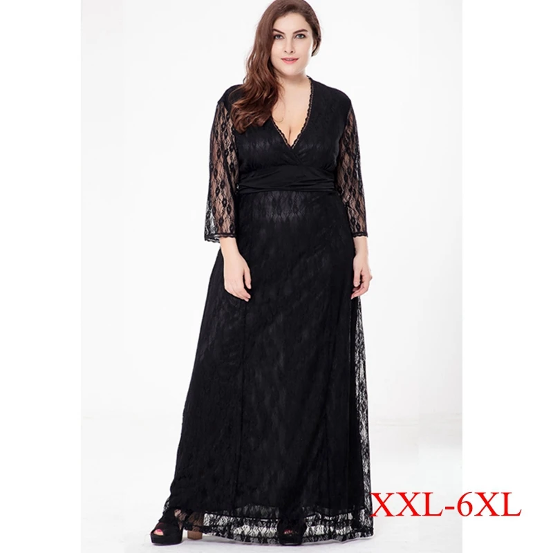 Xxl-6xl Плюс Большой Размеры Кружево выдалбливают Длинные платья Для женщин Мода