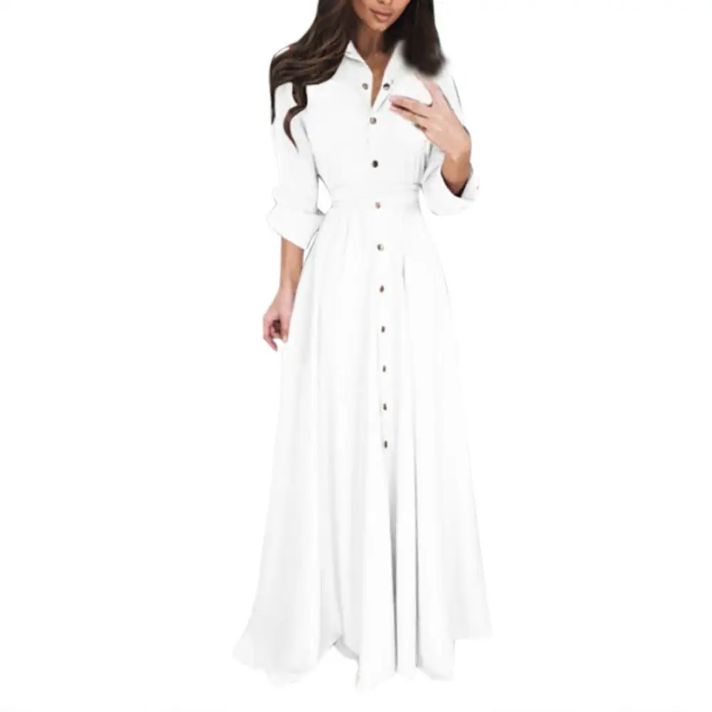 Womens Lady Casual Fashion Long Sleeve Lapel Maxi Long Dress Solid Shirt Dress Dresses Woman Party Night Long Party Dresses L4#