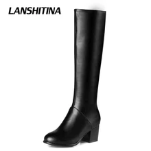 

LANSHITINA Women Knee Boots Shoes Long Boot Simple Shoe Heel Botas Mujer Warm High Boots Round Toe Woman Fashion Brand Shoes