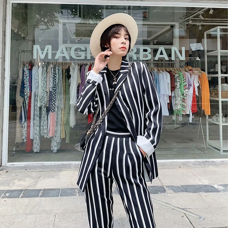 

2019 Women Autumn-Spring Fashion Striped hm Blazer Female Chic Black With White Long Sleeve Street-wear Jacket marynarka damska