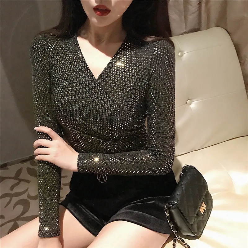 

2019Fashion High Street Ladies Clothes Long sleeveV-Neck Glistening Sequin Blouse Slim Shirts Unique Design Solid Tops Blouses