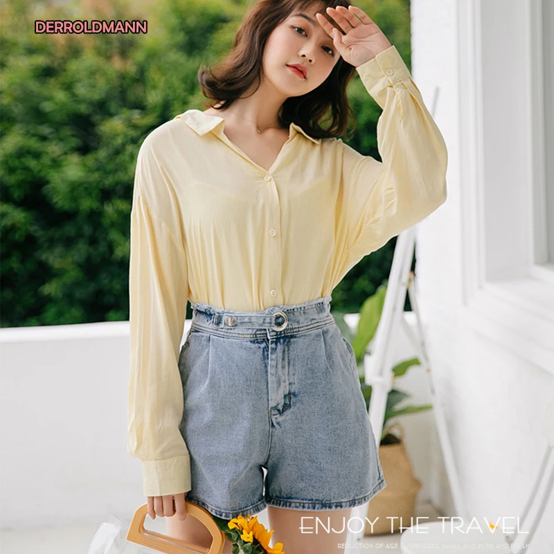 

Summer Short Pants High Waist Denim Ring Button with Stretchable Jeans Korean Soft Cotton Wide Leg Pocket Jeans Women