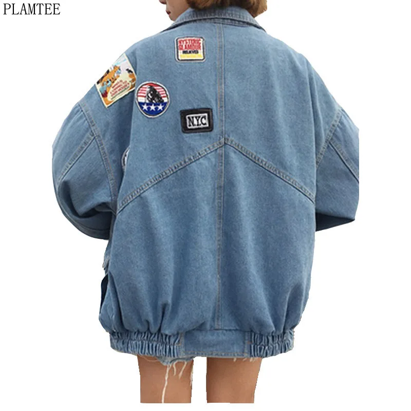 Harajuku Denim Jackets Coat Women Patch Designs Long Sleeve Bomber Jacket Casual Loose Casaco Feminino Vintage Jaqueta Feminina