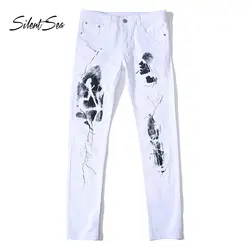 Silentsea новые дизайнерские мужские джинсы Печать Белый прямой мужской джинсы подходят хлопковые брюки плюс размер 28-42 Классические джинсы