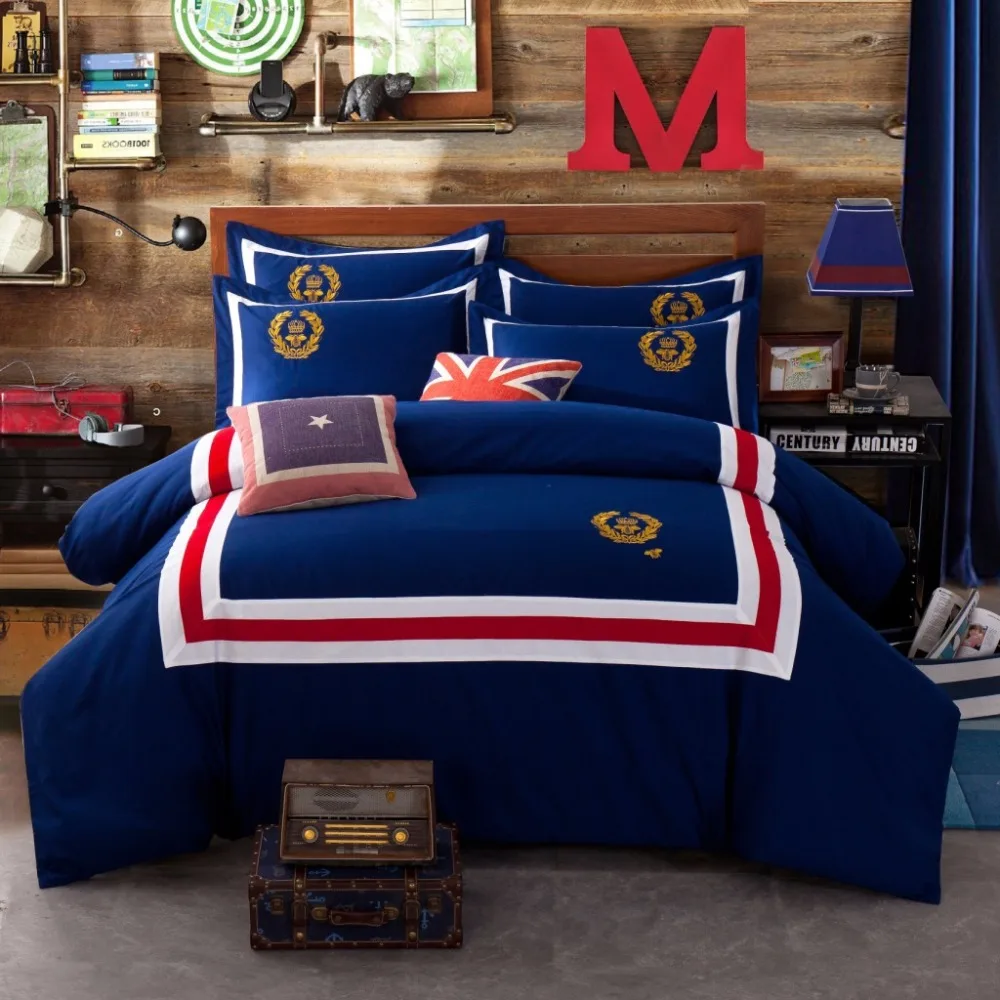 100 Cotton Navy Badge Embroidered Comforter Bedding Sets European