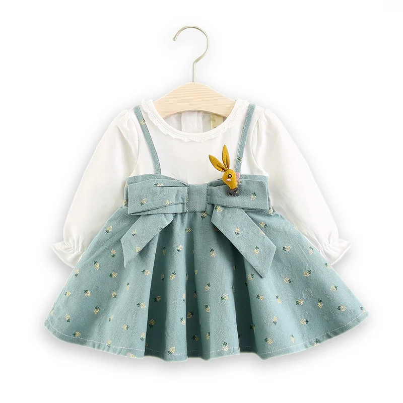 

2018 retail girls' new cute baby clothes long-sleeved cotton sling fake two-piece dress female baby clothes pink blue and yellow