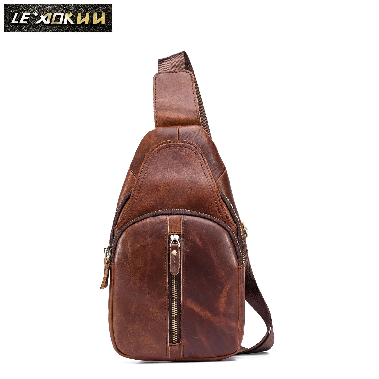 

Men Quality Leather Casual Fashion Chest Sling Bag 8" Tablet Umbrella Black Design One Shoulder Daypack Crossbody Bag Male 153d