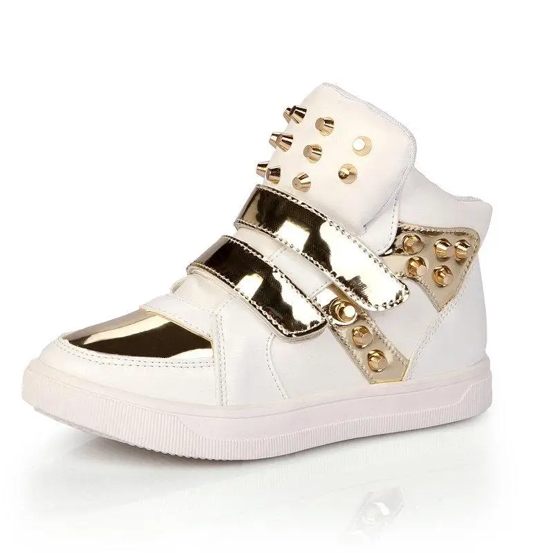 Spring Kids Sneakers For Girls Boys Mesh Breathable Casual Shoes Children Fashion Leather High Help Studded Sports Shoes - Цвет: White