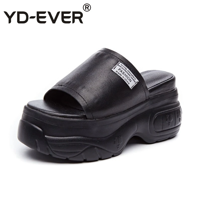 

YD-EVER 9cm genuine leather women slippers platform wedge sandals summer casual shoes super high heel slippers 33