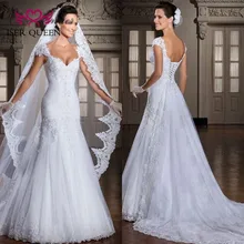 Съемный шлейф короткий рукав винтажная Вышивка Русалка свадебное платье со складками жемчугом бисером плюс размер белое свадебное платье es W0012