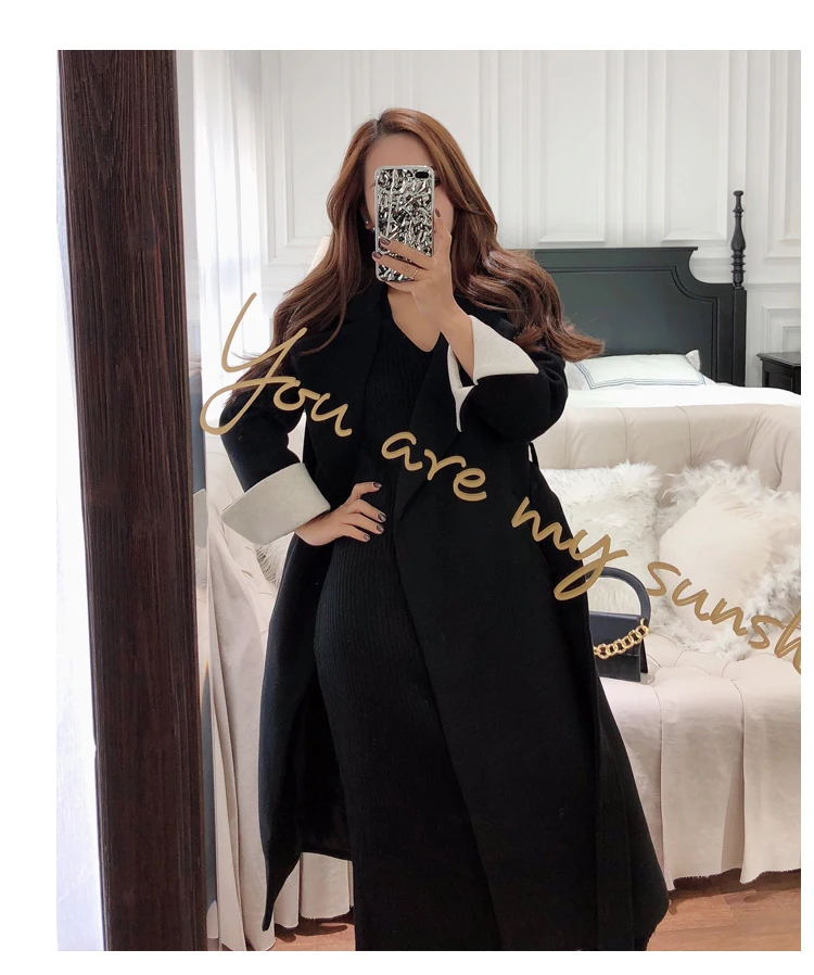 Elegant V Neck Women's Winter Fashion Woolen Overcoat Long Black Trench Dress Coats With Pockets Belt Casaco de la Feminino