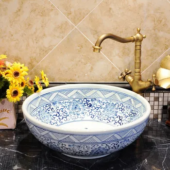 

Round Bthroom Counter Top Wash Basin Cloakroom Hand Painted Vessel Sink bathroom sinks blue and white corner wash basin